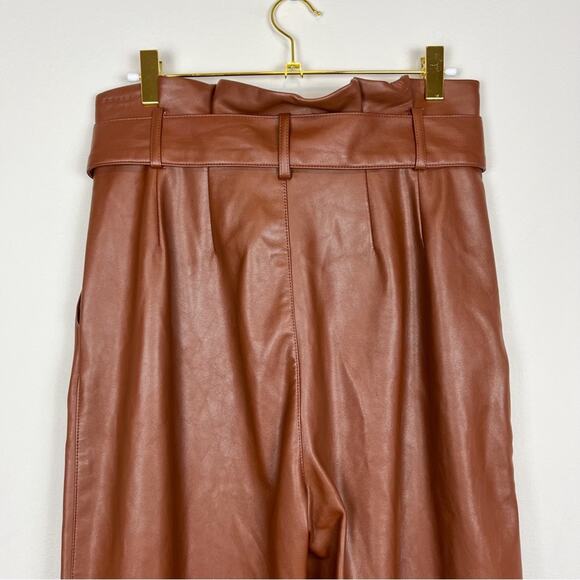 H&M Brown Vegan Leather Belted Paper Bag Trousers Tapered Pants Size 6 - Picture 8 of 11